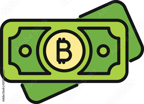 Photos Bitcoin symbol appearing on green fiat money banknotes, representing digital fin