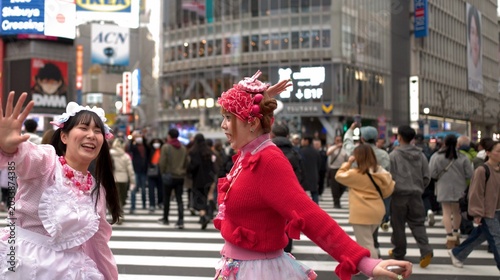 Bild auf Leinwand Two Women in Harajuku Fashion Dancing at Shibuya Crossing Tokyo