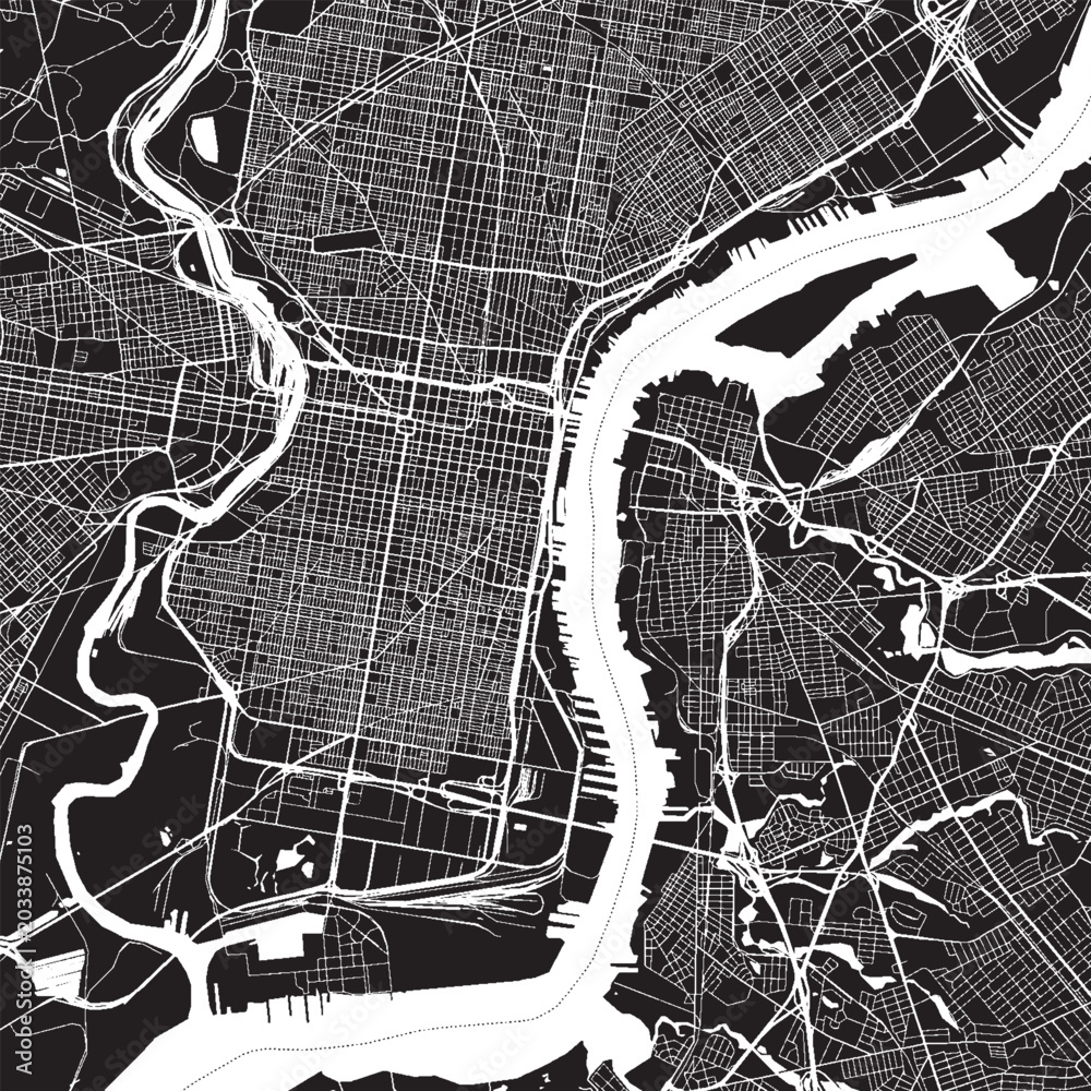 Obraz premium Central Philadelphia Pennsylvania Vector Map, Detailed Center City Street Map Black and White Minimalist Line Art