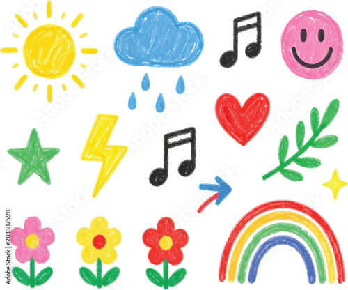 Set of colorful crayon style drawings featuring clouds sun rainbow and happy faces for educational children designs.