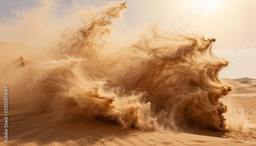 Sunlit desert dunes with dramatic wind-blown sand plumes forming swirling, sculpted abstract shapes