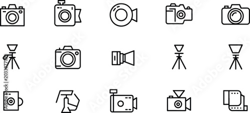 Fotografía Set of minimalist line art icons related to photography and videography equipmen