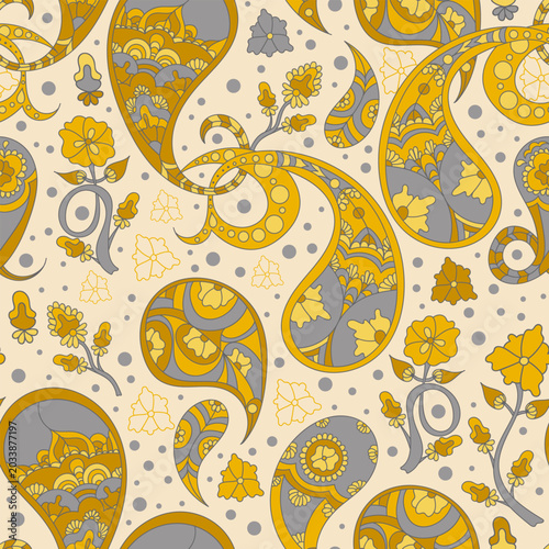 Seamless vector pattern featuring vintage oriental paisley motifs and elegant floral details. Bohemian textile design with intricate hand drawn boteh ornaments and abstract scattered dots