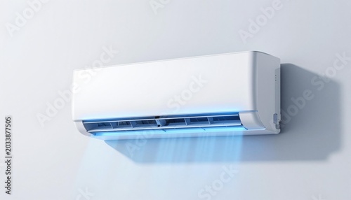 White wall-mounted split air conditioner blowing cool blue airflow on an interior wall, modern sleek HVAC cooling unit for home or office climate control