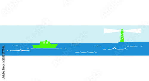 Foto Green boat sailing towards lighthouse on blue ocean, minimalist vector illustrat