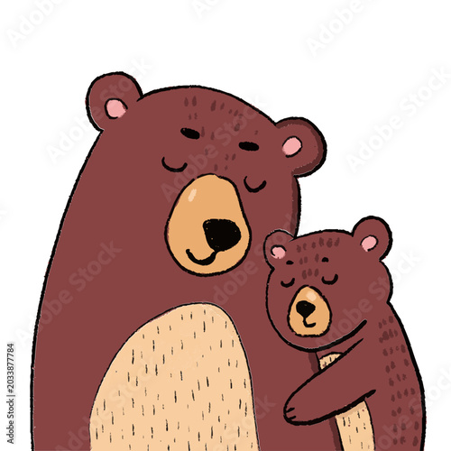Cute cartoon bears hugging with closed eyes and peaceful expressions  
