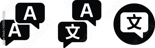 Set of three speech bubble icons with letter A and prohibition sign isolated on transparent background