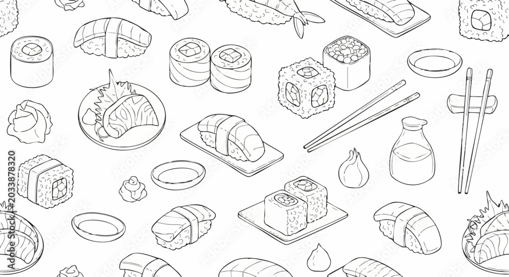 Obraz premium Seamless pattern with various sushi and maki rolls.