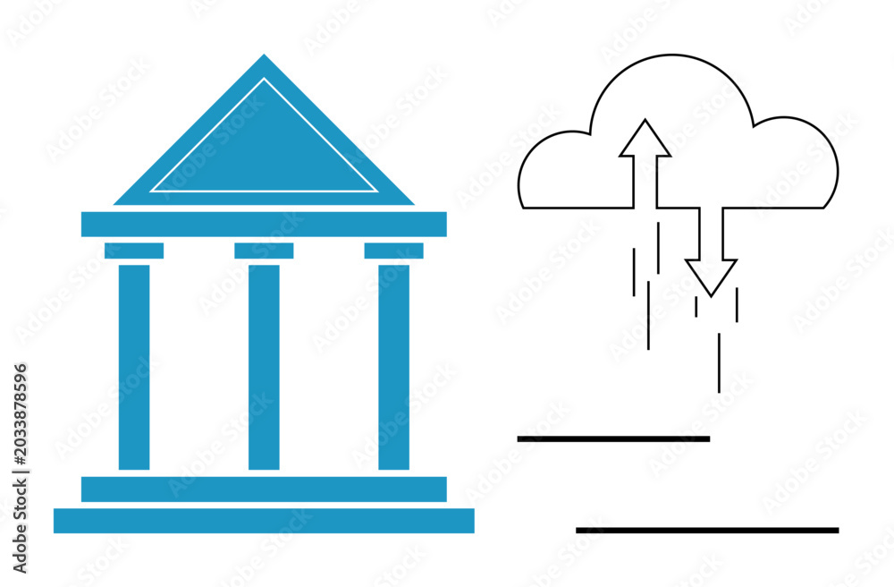 Fototapeta premium Cloud computing concept. Cloud data transfer connecting institutions to digital storage solutions. Cloud digitalization improving banking, technology, and secure financial operations. Great