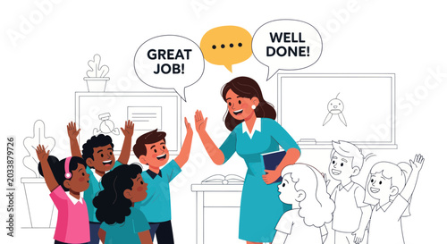 Teacher High Fiving Students, Celebrating Success in Classroom