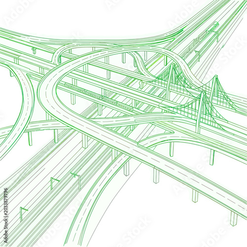 Complex highway interchange, green line art illustration, urban transport network