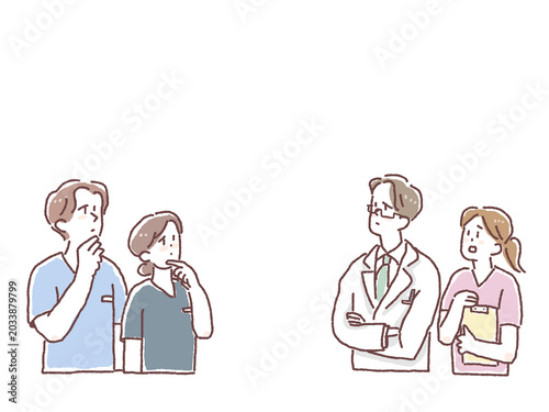 困った表情で考える医療従事者と介護スタッフの人物イラスト