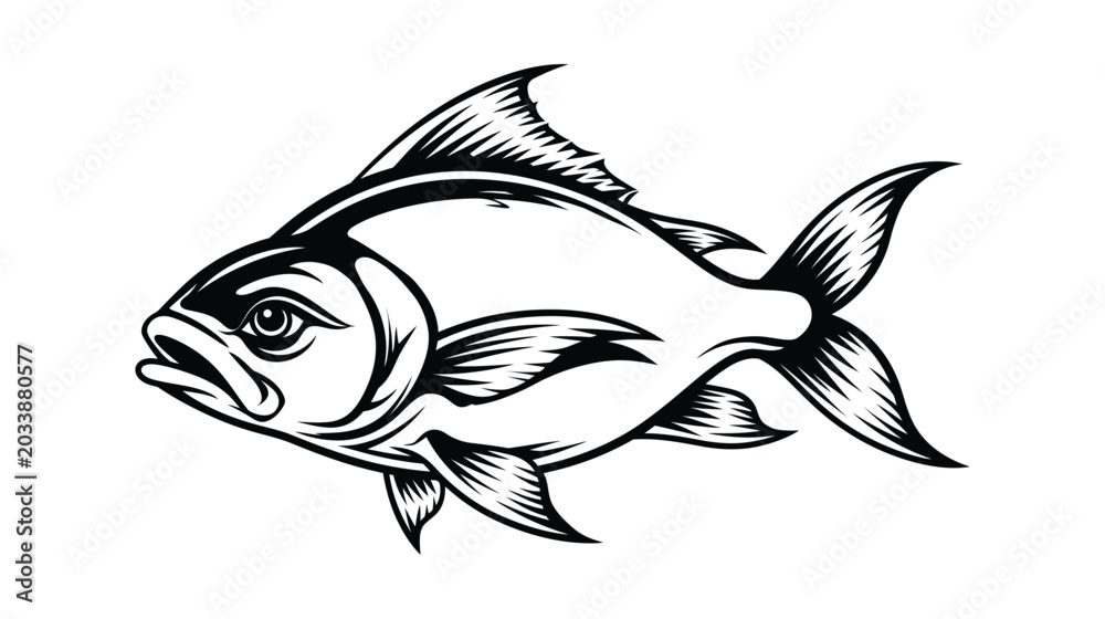Fototapeta premium Black and white line art illustration of a freshwater fish
