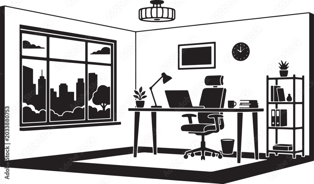 Fototapeta premium Black and white silhouette of modern office with desk and city view