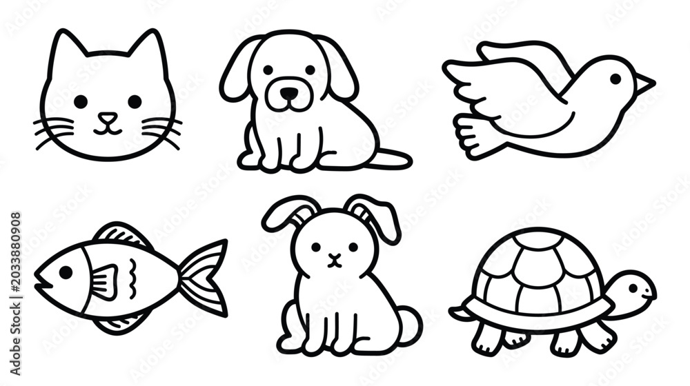 Obraz premium Cute pet animals icon set cat dog bird fish rabbit turtle