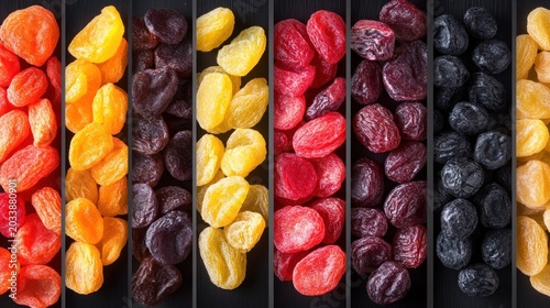 Colorful assortment of dried fruits in vertical stripes.