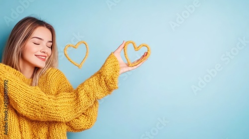 Woman in a yellow sweater holding a heart shape.