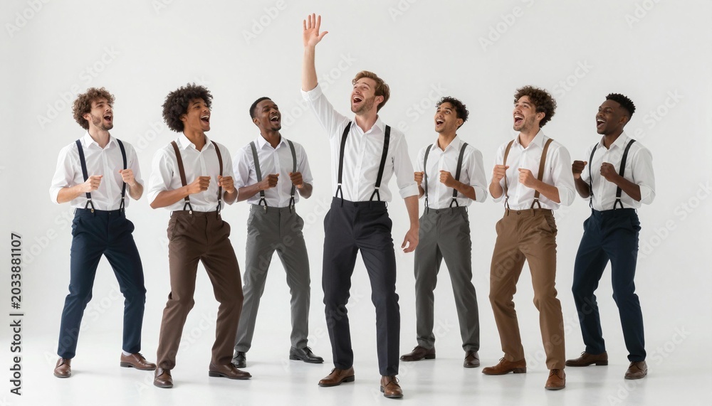 Obraz premium Seven men in suspenders and dress shirts singing together in a bright studio, one raising his hand in a joyful group performance