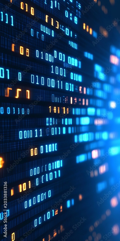 Fototapeta premium Futuristic Digital Data Streams in Binary Form with Symbols on a Dark Computer Circuit Background