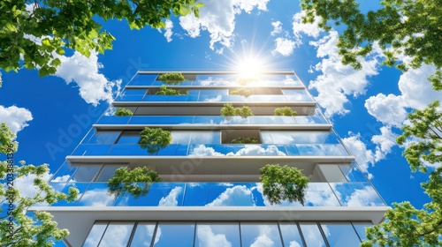 Modern apartment building with green balconies against a vibrant sky.