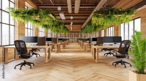 Modern open-plan office space with hanging greenery.