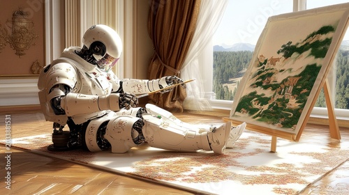 A metallic robot sits and paints a landscape scene on an easel.