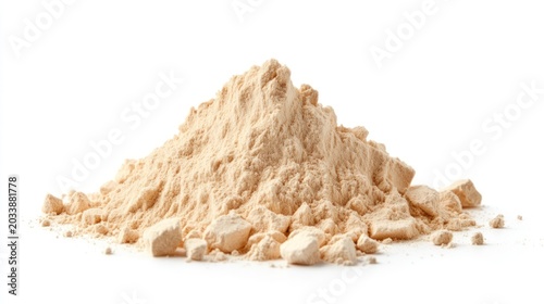 Pile of light beige powder on white background.