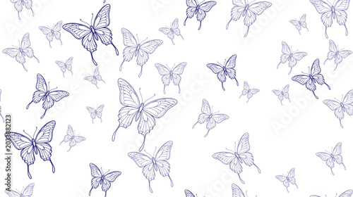 Elegant blue butterfly line art seamless pattern on white background.