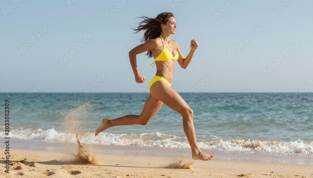 Naklejka premium Fit woman in yellow bikini running along sandy beach by ocean waves on a sunny summer day