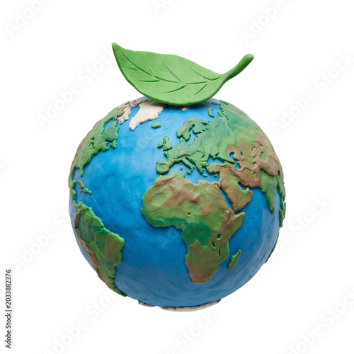 Clay earth globe with green leaf isolated on transparent background