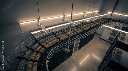 High angle data center pictures of a suspended wire mesh cable tray carrying thick neutral cable bundles above black server cabinets, warm ceiling strips, and a clean industrial network room pathway