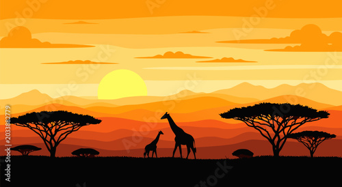 Photography African Sunset Scenery Vector Illustration with Giraffes and Acacia Trees Silhou