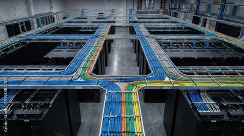 Wide overhead data center pictures showing color coded cable trays crossing server rows, structured fiber routes, black cabinets, clean floor lanes, and scalable network backbone in a new data hall