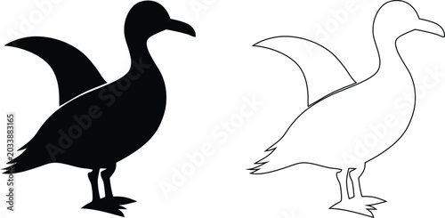 Foto Black silhouette and outline of a seabird with wings spread on white background,