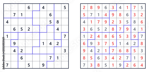 Canvastavla Sudoku Jigsaw Hard puzzles with filled numbers and highlighted sections