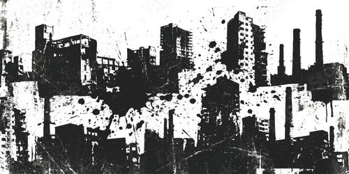 Fotografi Black and white ink splatter illustration of an old industrial city factory land