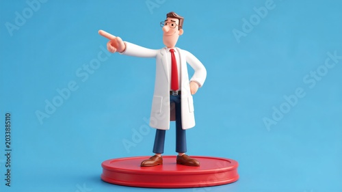 3D Cartoon Doctor In White Coat Pointing Sideways On Red Platform Blue Background Medical Concept Illustration