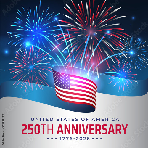 250th anniversary of the USA. 250 years of independence. 4th of july usa independence day. American flag, fireworks on night sky background. Wallpaper, poster, banner. Vector illustration