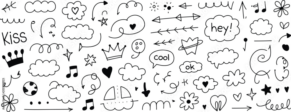 Fototapeta premium A collection of handdrawn doodle elements including clouds hearts arrows and speech bubbles