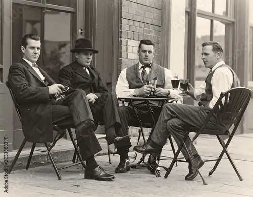 Four men in suits sitting on vintage wooden chairs outdoors.