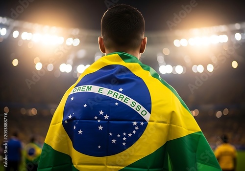 Brazilian fan with flag at a soccer stadium celebrating victory under bright stadium lights