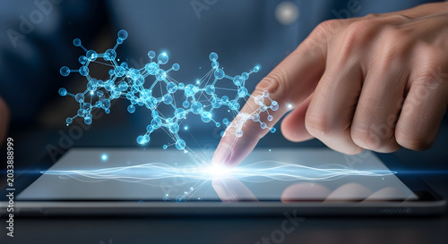 Innovative Hand Touching Digital Tablet Interface with Molecular Structure Visualization and Futuristic Data Analysis Concept