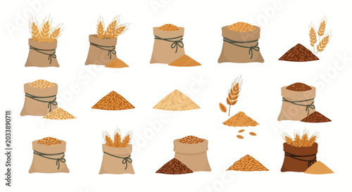 Fényképezés Wheat and grain sacks illustration.