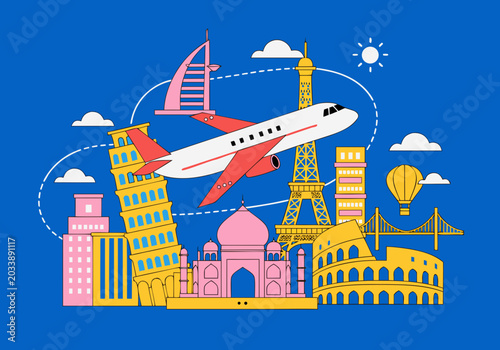 tourism banner design featuring Statue of Liberty Colosseum Eiffel Tower and airplane vector