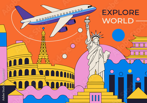 Explore world travel concept illustration with famous global landmarks and airplane in flat style