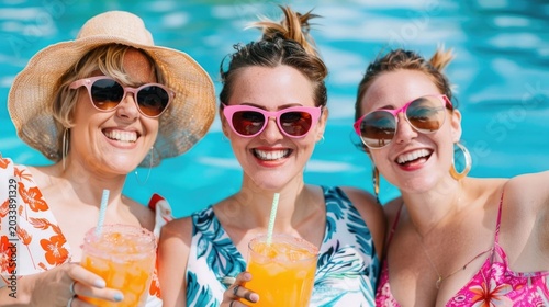 Vibrant image of three women in swimwear and sunglasses sharing laughter and refreshing beverages at a poolside celeb n under the summer sun