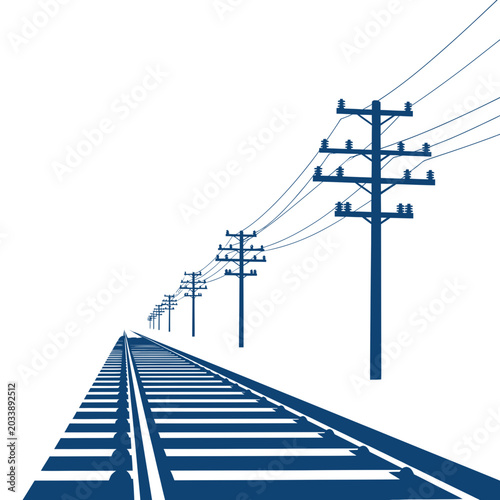 Foto Railway tracks and power lines receding into distance, blue silhouette on white