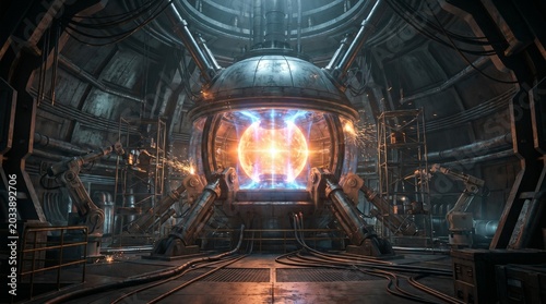 A powerful fusion reactor with a glowing energy core sparking inside a dark, futuristic industrial facility. Concept of clean, sustainable energy.
