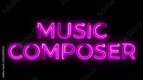 Glowing Pink Neon Music Composer Text Sign on Black Background