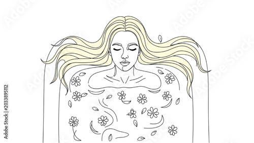 Фотография Woman with long hair enjoys flowers in 2D CAD Vector illustration